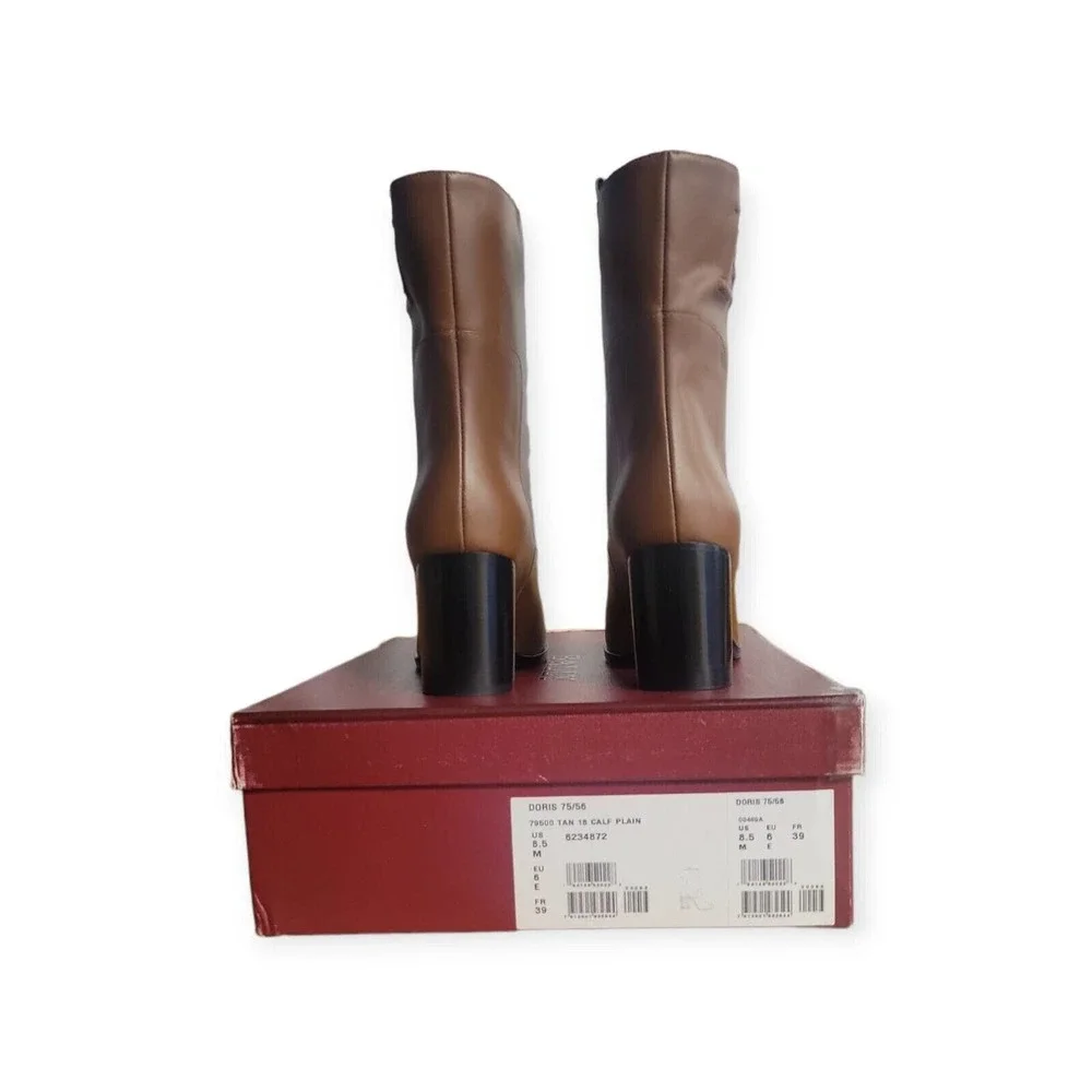 Bally Womens Doris Boots Tan Leather Stamp Logo Mid Calf Block Pull On 8.5 M New - Picture 2 of 7